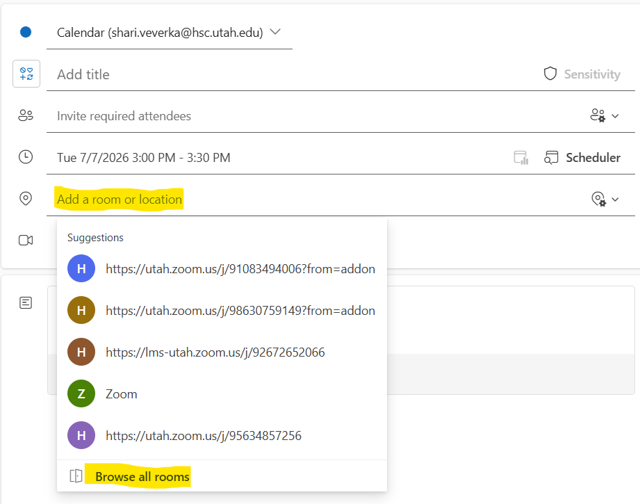Outlook calendar event showing the Add a room or location field