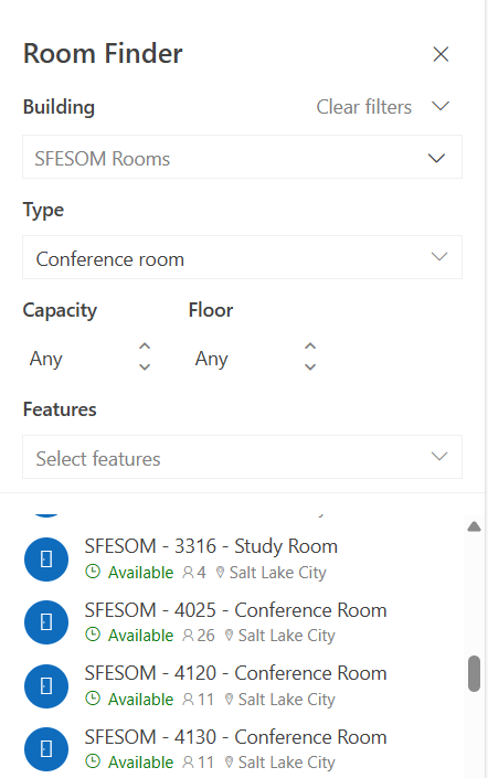 Outlook Room Finder panel filtered to SFESOM Rooms